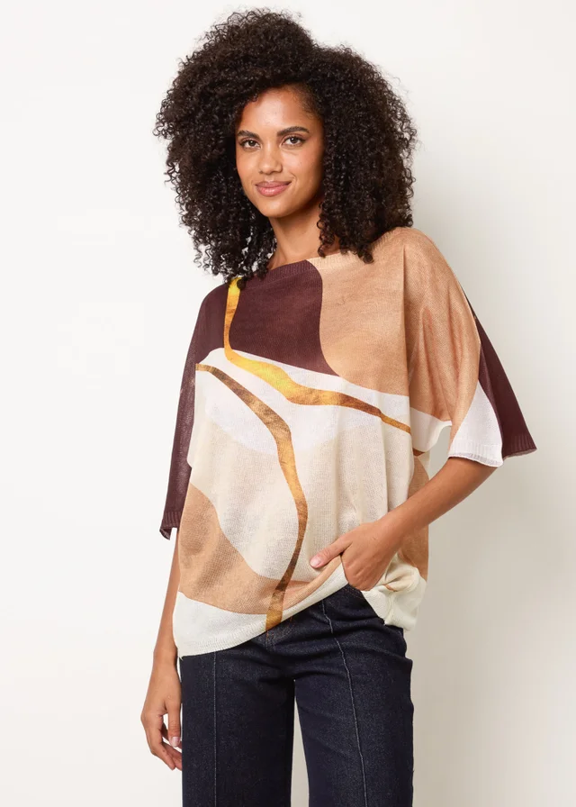 Blue Vanilla Brown Striking Watercolour Fine Knit Abstract Top