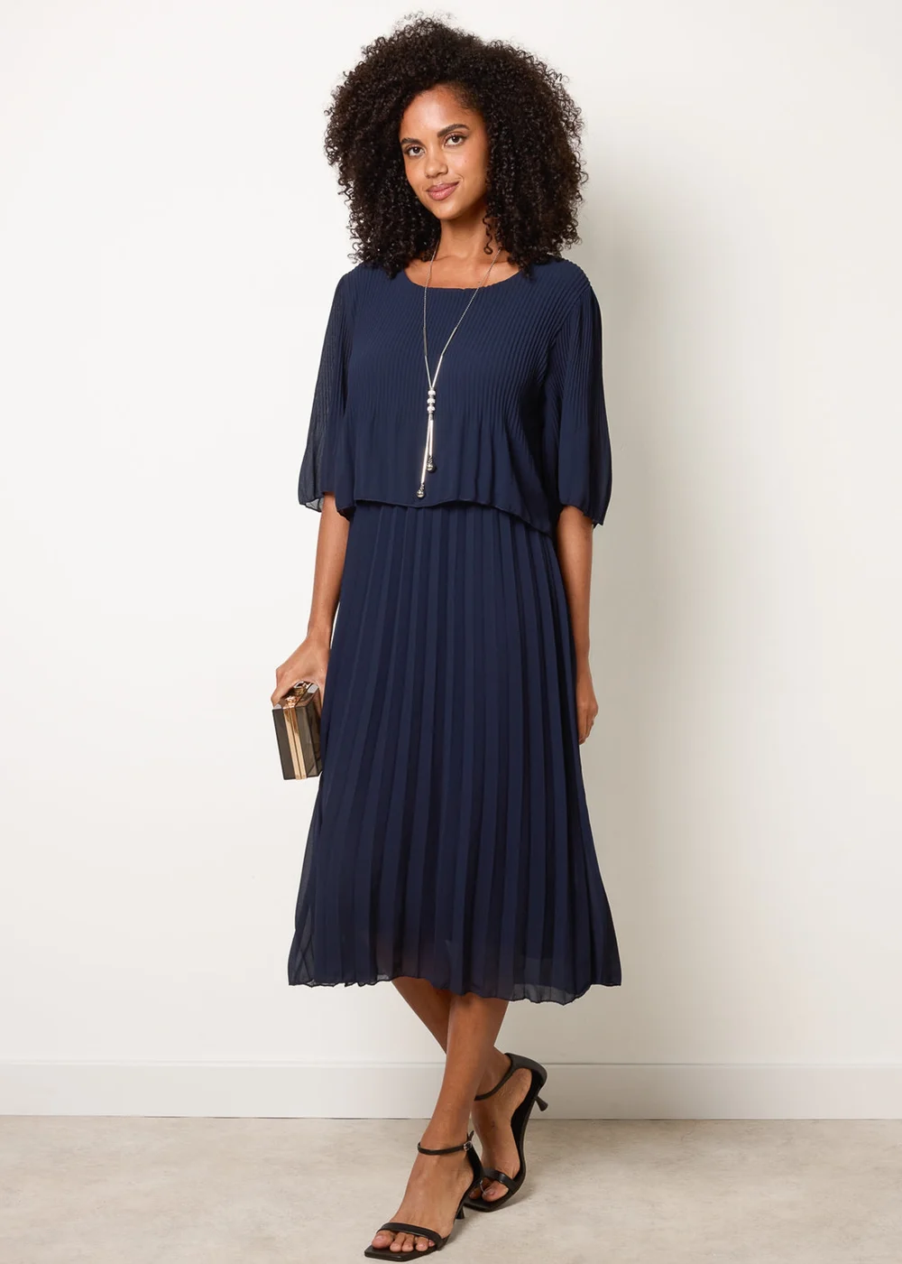 Blue Vanilla Navy Pleated Short Sleeve Dress With Necklace - M/L Image 1