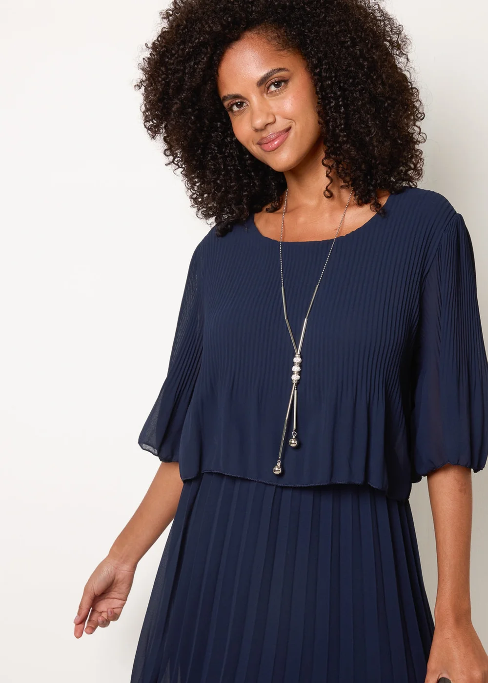 Blue Vanilla Navy Pleated Short Sleeve Dress With Necklace - M/L Image 2