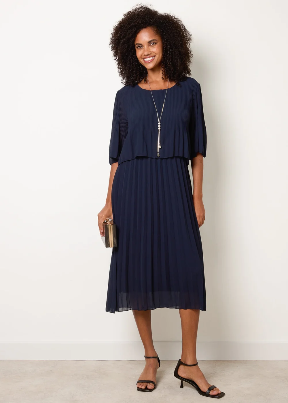 Blue Vanilla Navy Pleated Short Sleeve Dress With Necklace - M/L Image 3