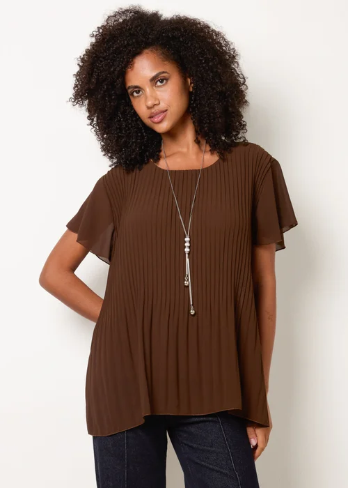 Blue Vanilla Brown Pleated Short Sleeve Top - M/L Image 1