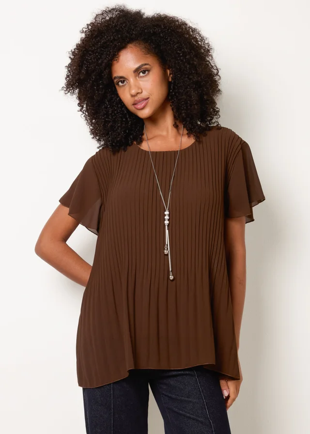 Blue Vanilla Brown Pleated Short Sleeve Top
