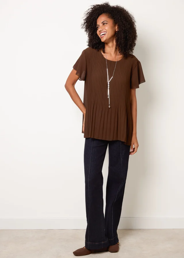 Blue Vanilla Brown Pleated Short Sleeve Top
