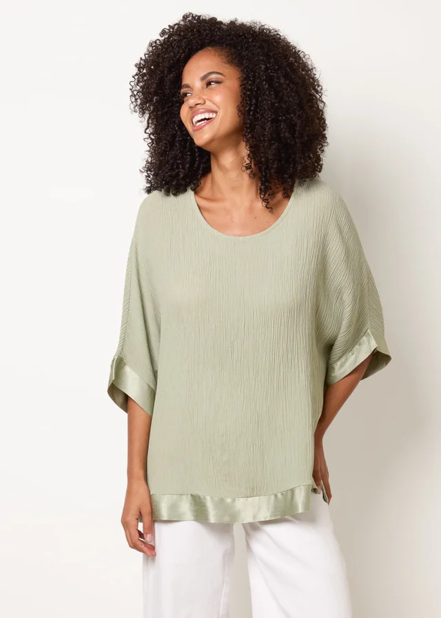 Blue Vanilla Khaki Viscose Crinkle Top With Satin Finish
