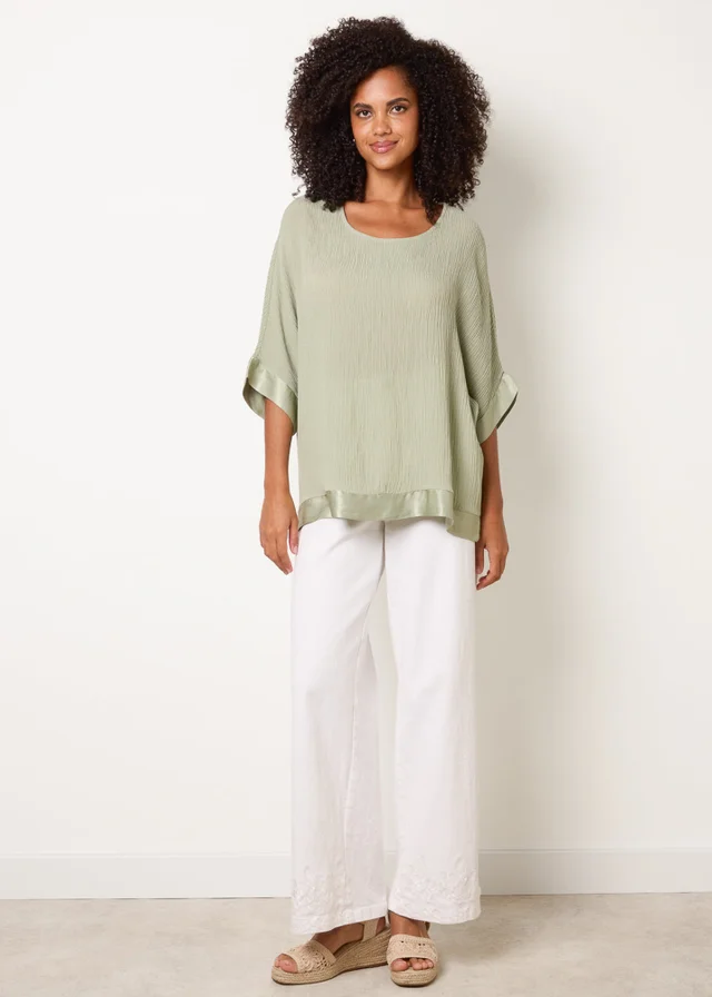 Blue Vanilla Khaki Viscose Crinkle Top With Satin Finish