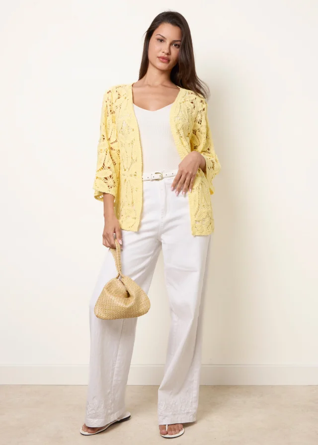 Blue Vanilla Yellow Crochet Tie Front Cardigan