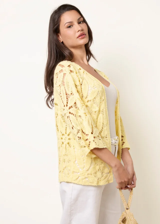 Blue Vanilla Yellow Crochet Tie Front Cardigan