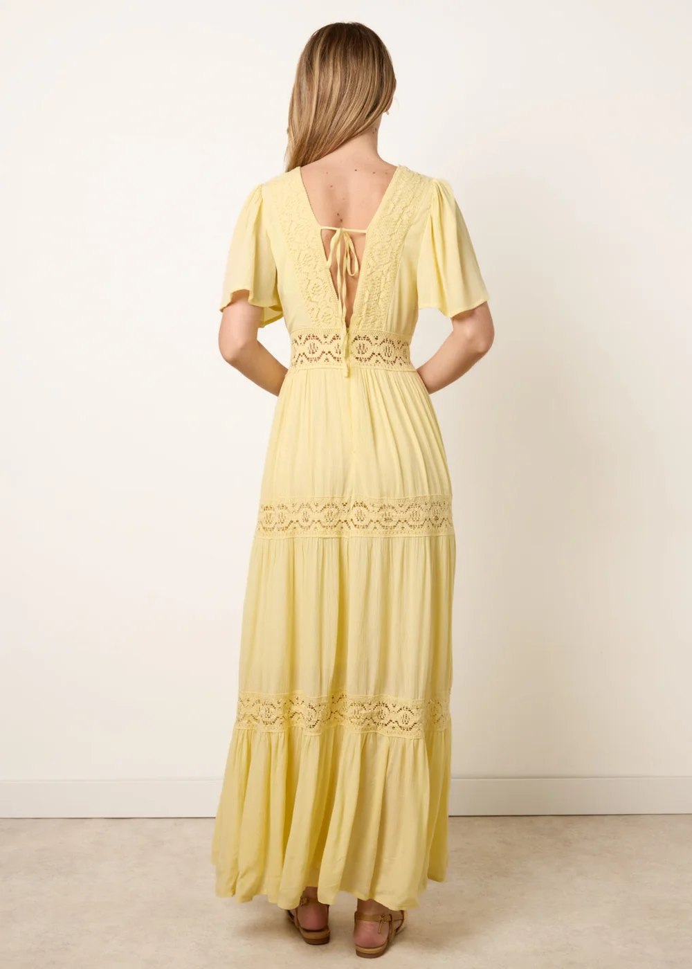 Blue Vanilla Yellow V-Neck Tiered Crochet Detail Maxi Dress - M Image 4