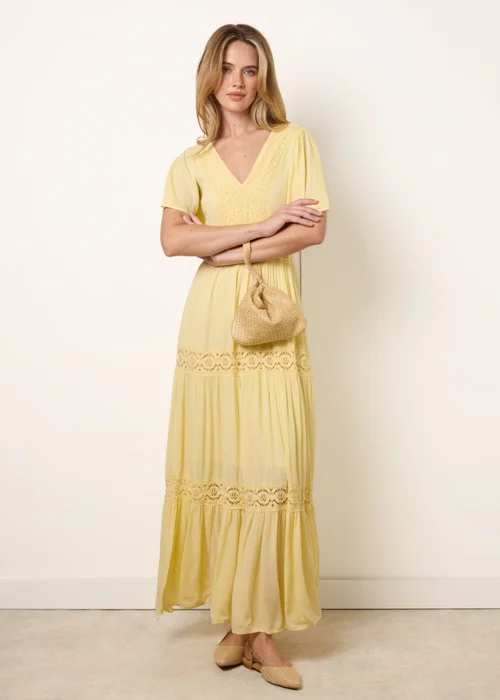 Blue Vanilla Yellow V-Neck Tiered Crochet Detail Maxi Dress - M Image 2