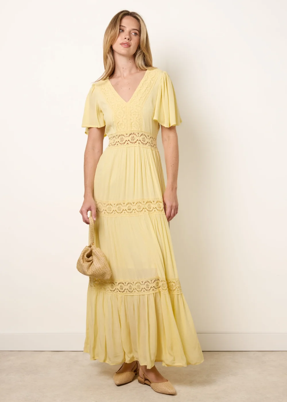 Blue Vanilla Yellow V-Neck Tiered Crochet Detail Maxi Dress - M Image 1