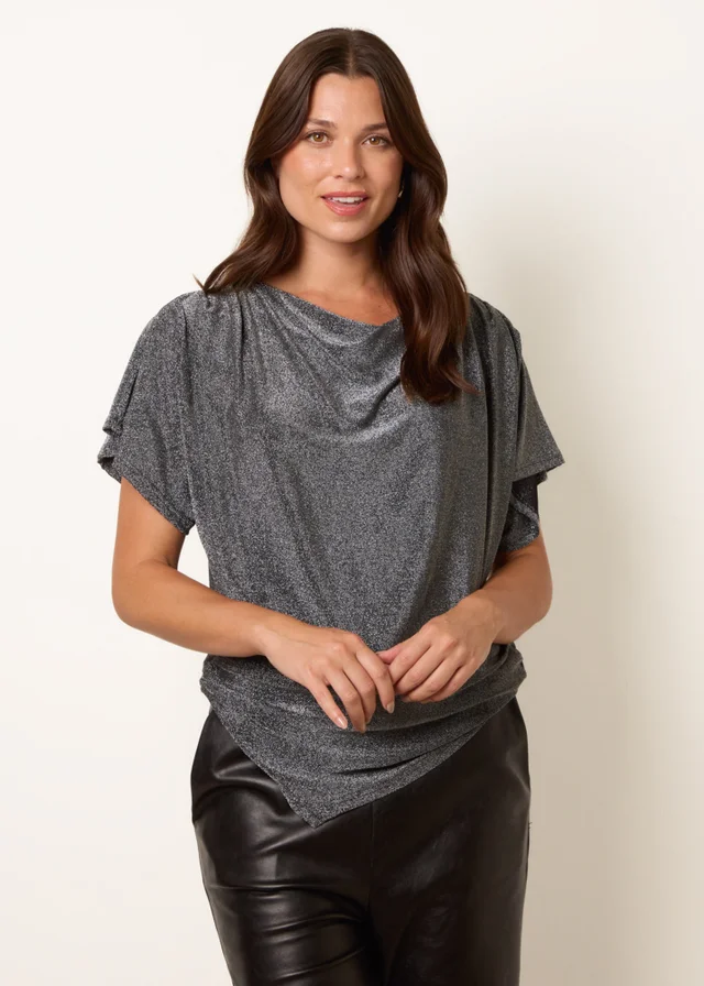 Blue Vanilla Silver Asymmetric Draped Cowl Neck Top