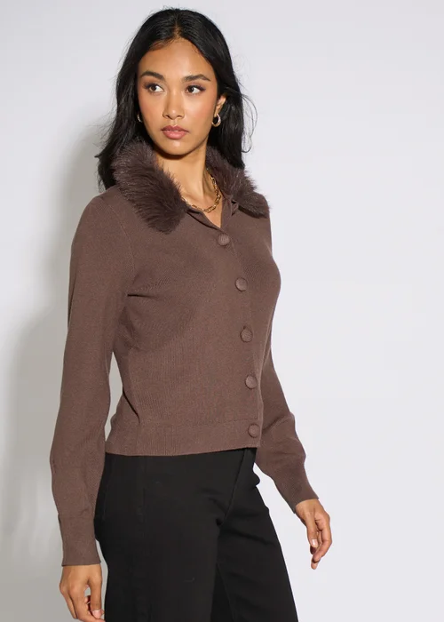 Gini London Brown Fur Trim Cardigan - 16 Image 4