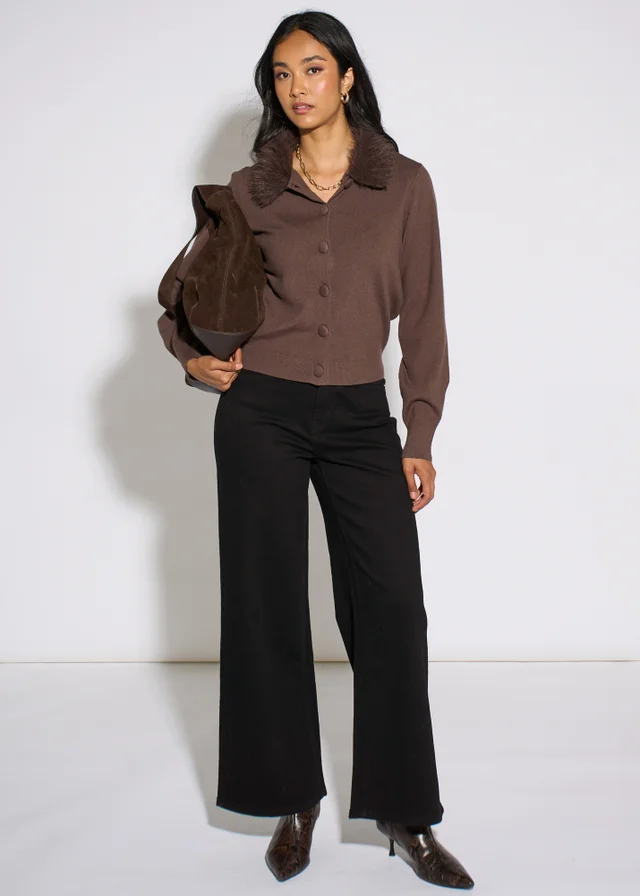 Gini London Brown Fur Trim Cardigan