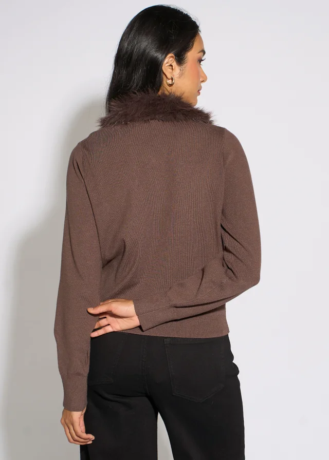 Gini London Brown Fur Trim Cardigan