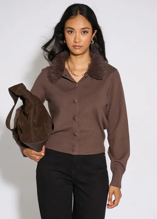 Gini London Brown Fur Trim Cardigan - 16 Image 3