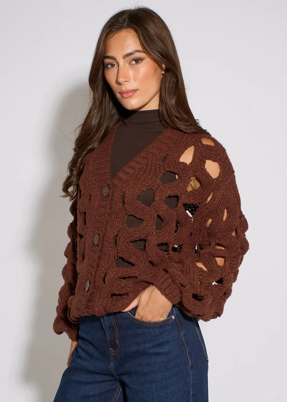 Gini London Rust Hollow Chunky Knit Cardigan - L/XL Image 4