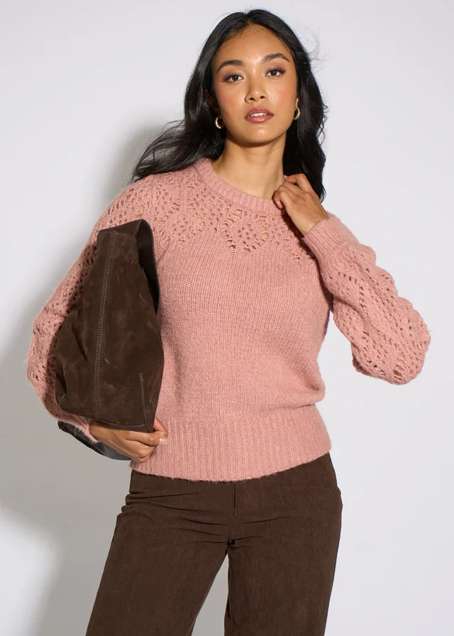 Gini London Pink Crochet Yoke Long Sleeve Jumper
