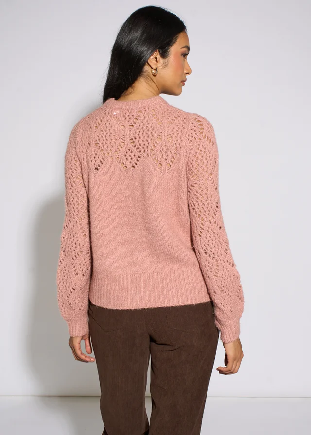 Gini London Pink Crochet Yoke Long Sleeve Jumper