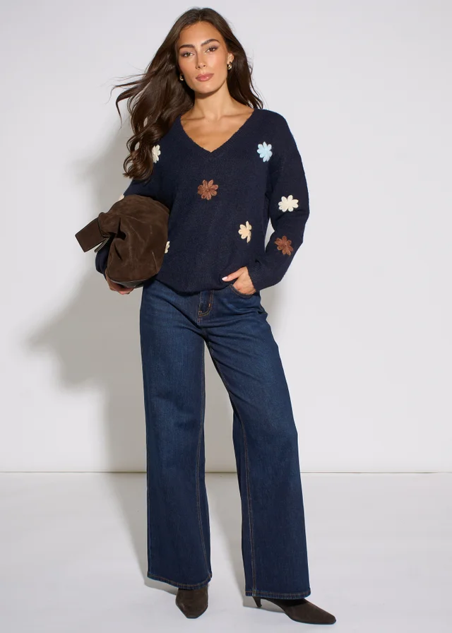 Gini London Navy Crochet 3D Floral Knitted Jumper