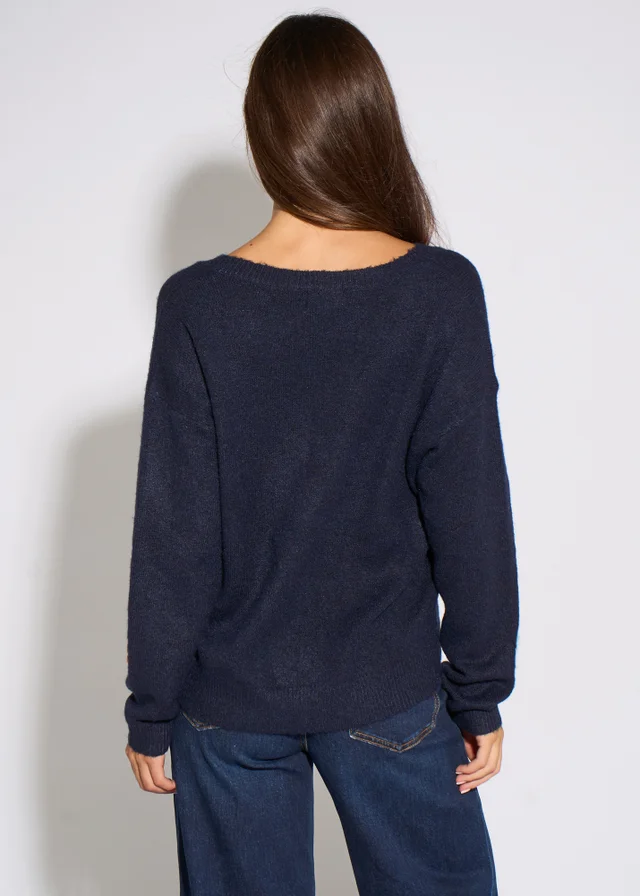 Gini London Navy Crochet 3D Floral Knitted Jumper
