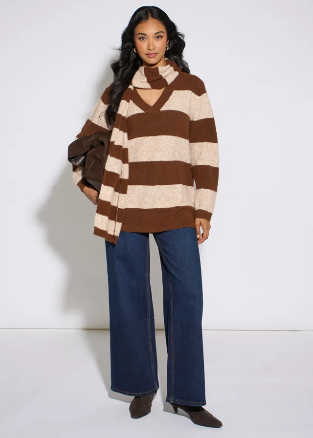Gini London Brown Stripe V Neck Scarf Jumper