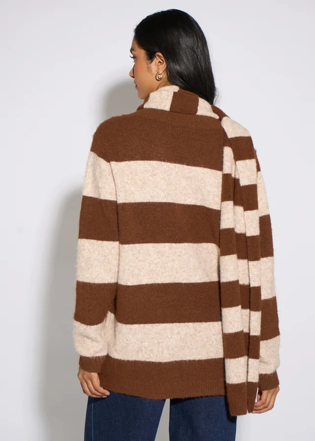 Gini London Brown Stripe V Neck Scarf Jumper