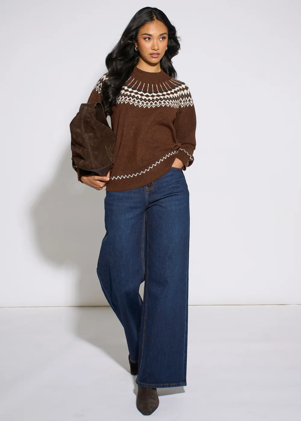 Gini London Brown Fair Isle Knit Jumper - M/L Image 1