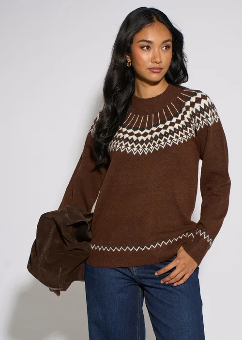 Gini London Brown Fair Isle Knit Jumper - M/L Image 3