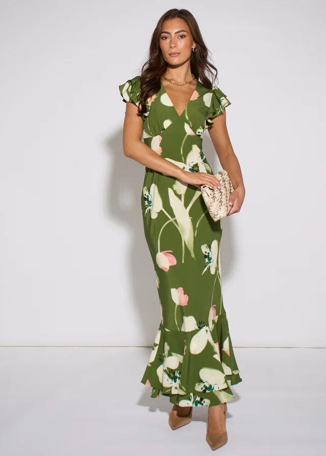 Gini London Green Floral Ruffle Maxi Dress