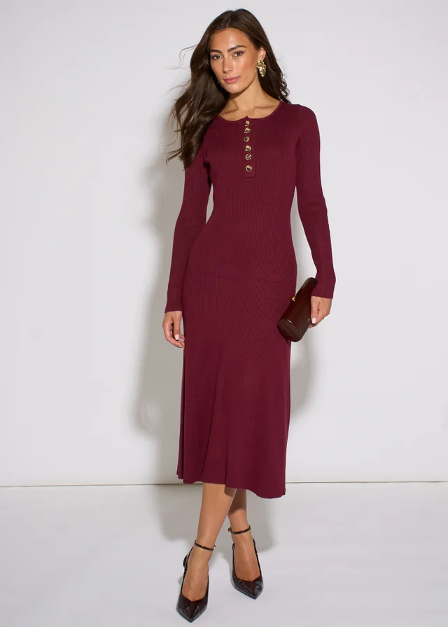Gini London Mulberry LS Gold Button Midi Dress