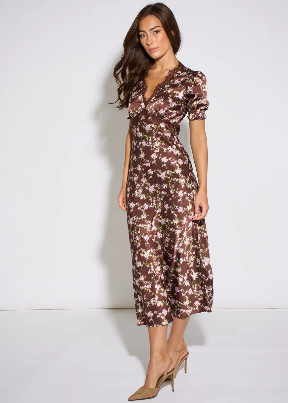Gini London Brown Satin Floral Lace Midi Dress - 14 Image 4