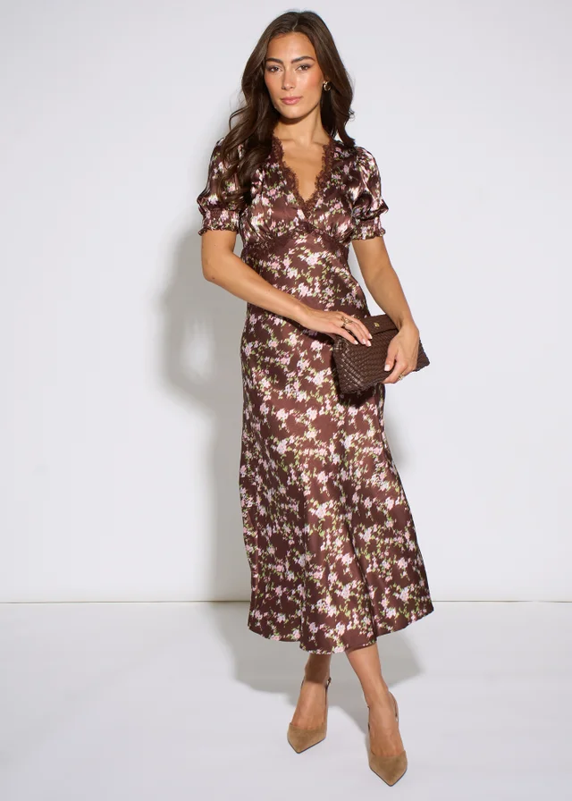 Gini London Brown Satin Floral Lace Midi Dress