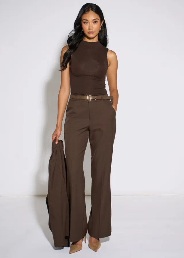 Gini London Brown Wide Leg Belted Tailoring Trouser