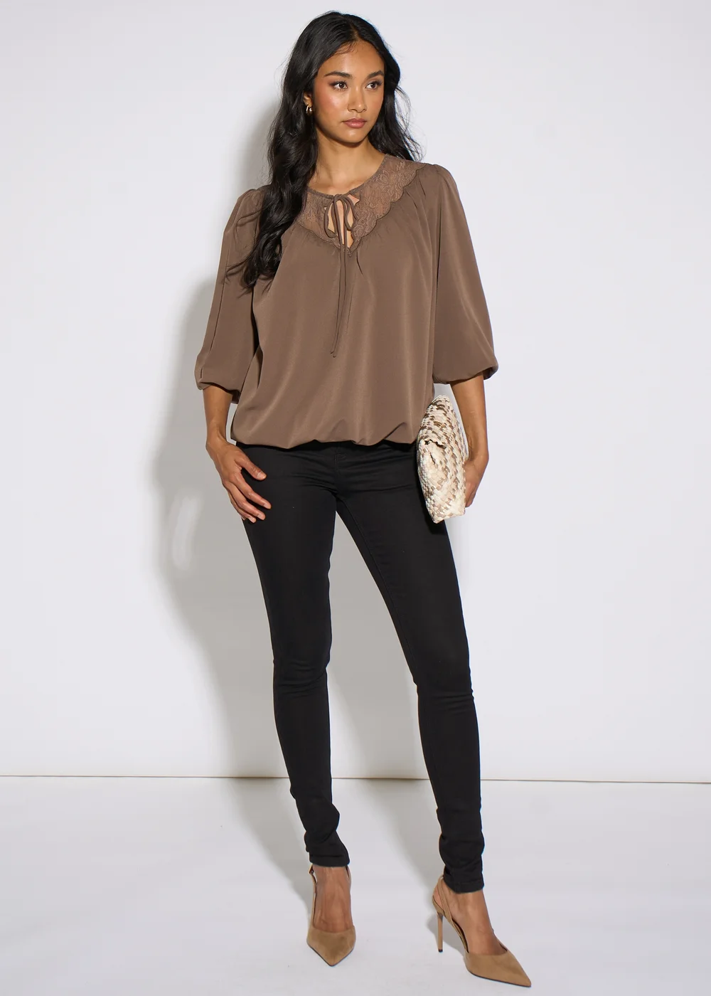 Gini London Mocha Lace Trim Bubble Hem Blouse - 8 Image 1
