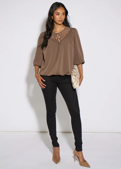 Gini London Mocha Lace Trim Bubble Hem Blouse - 8 Image 1