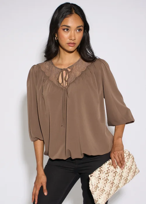 Gini London Mocha Lace Trim Bubble Hem Blouse - 8 Image 3