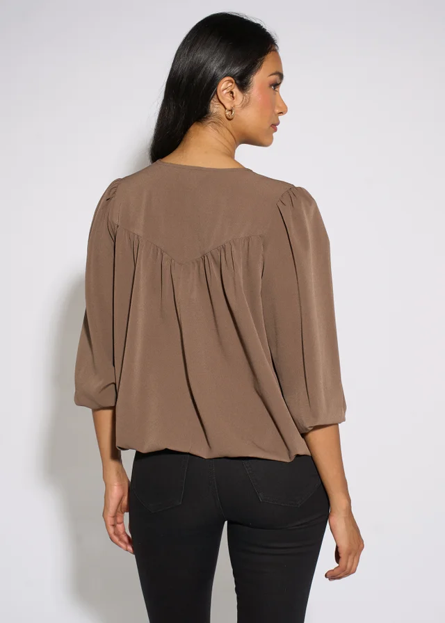 Gini London Mocha Lace Trim Bubble Hem Blouse