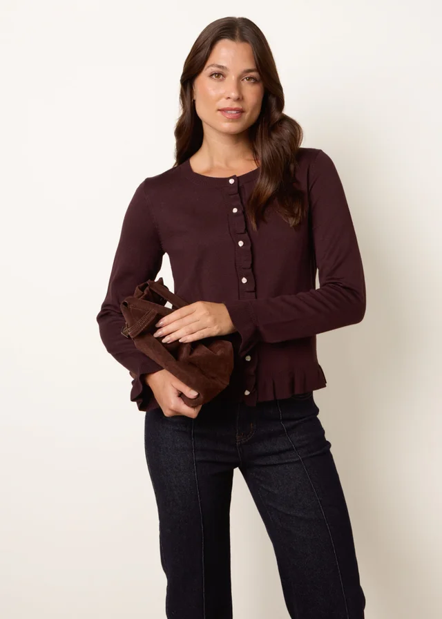 Blue Vanilla Brown Ruffle Detail Cardigan