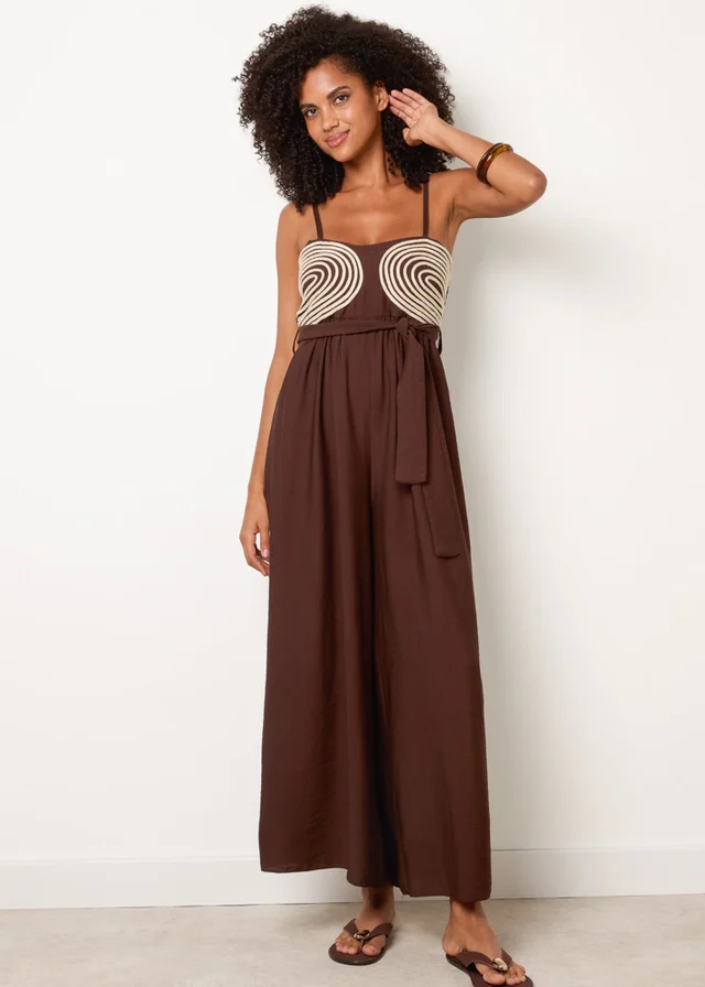 Blue Vanilla Brown Gold Detailed Embroidered Stitching Jumpsuit