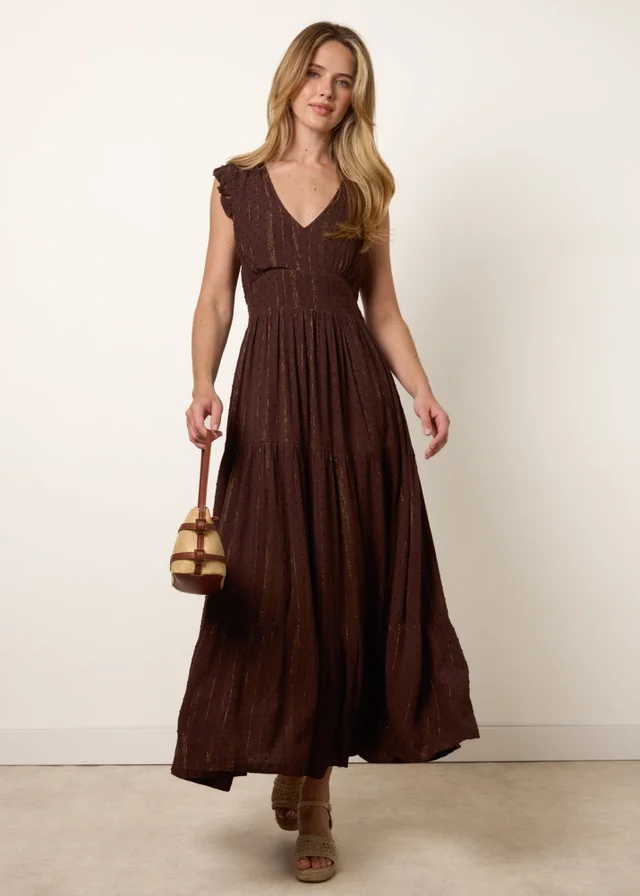 Blue Vanilla Brown V Neck Tiered Midi Dress