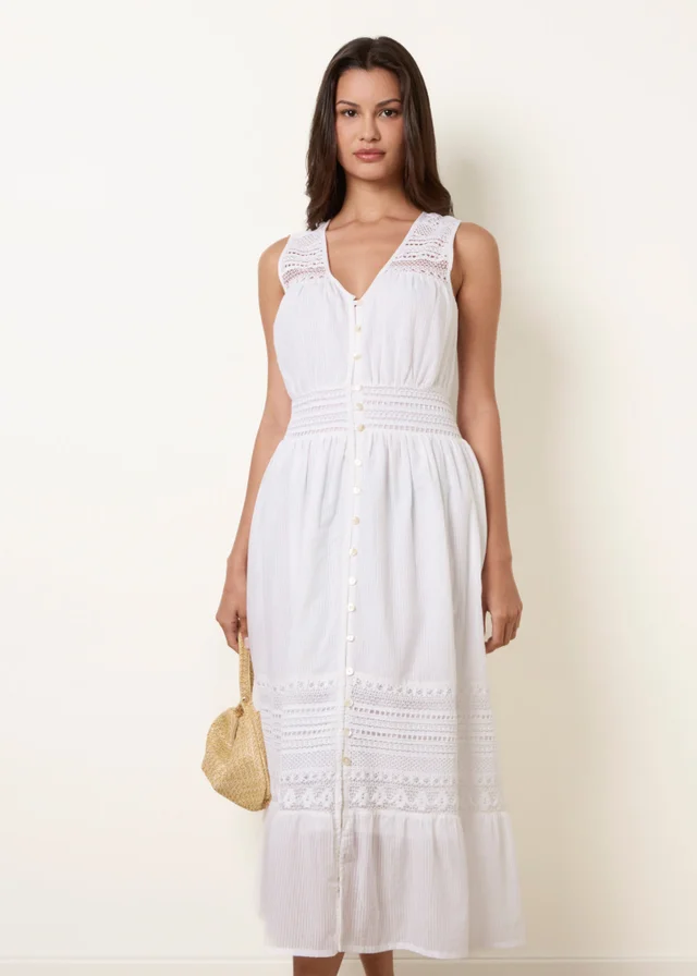 Blue Vanilla Ivory Crochet Insert Button Midi Dress