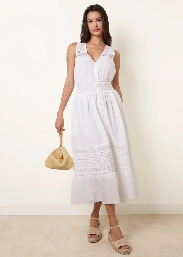 Blue Vanilla Ivory Crochet Insert Button Midi Dress