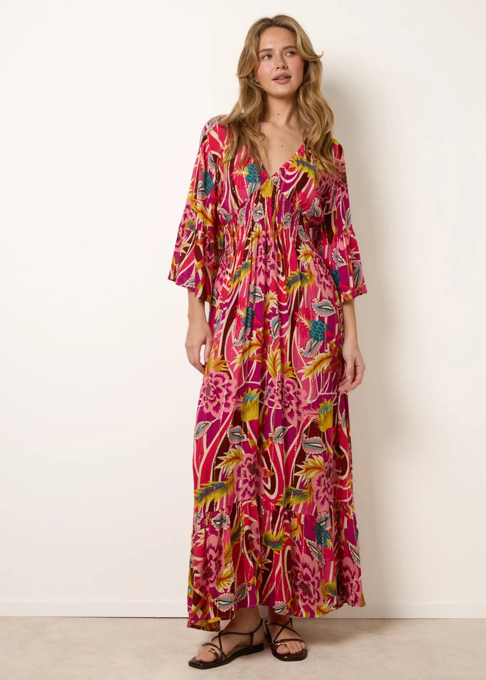 Blue Vanilla Pink Tropical Print V-Neck Maxi Dress - M/L Image 1