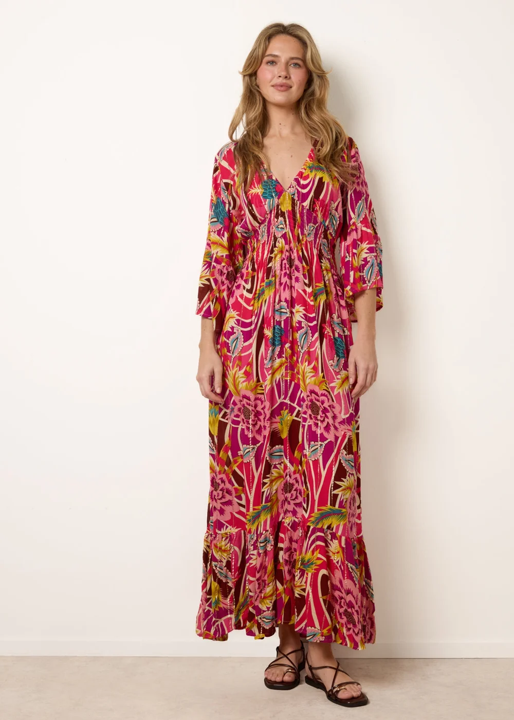 Blue Vanilla Pink Tropical Print V-Neck Maxi Dress - M/L Image 3