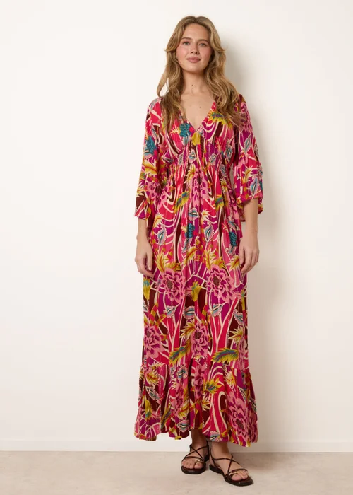 Blue Vanilla Pink Tropical Print V-Neck Maxi Dress - M/L Image 3