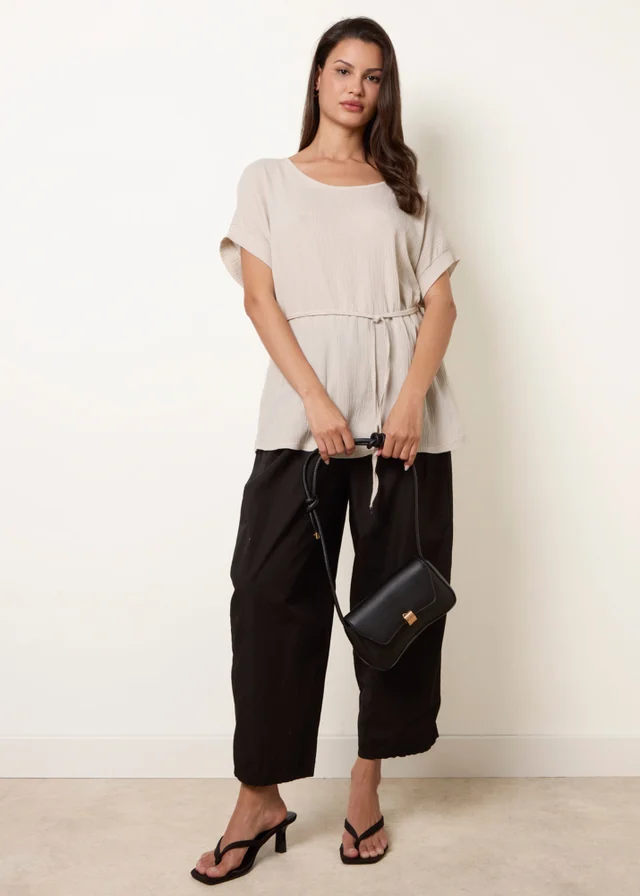 Blue Vanilla Beige Belted Wide Sleeve Top