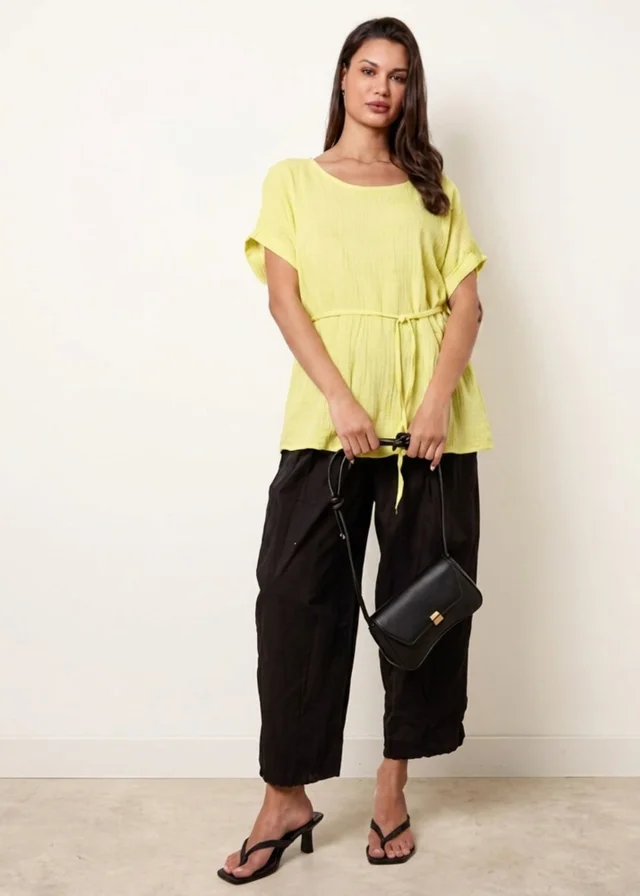 Blue Vanilla Yellow Belted Wide Sleeve Top