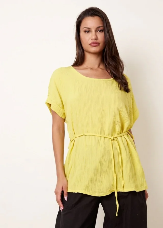 Blue Vanilla Yellow Belted Wide Sleeve Top