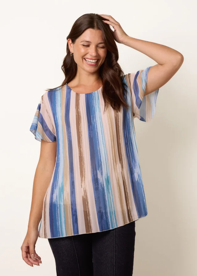 Blue Vanilla Blue Short Sleeve Pleated Paint Top