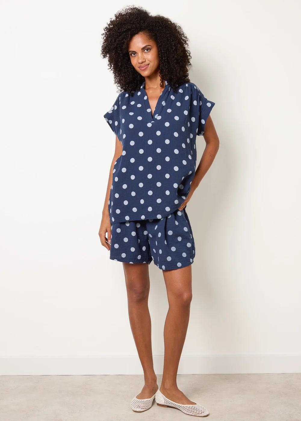 Blue Vanilla Navy Cheesecloth Polka Dot Short Set - S/M Image 1